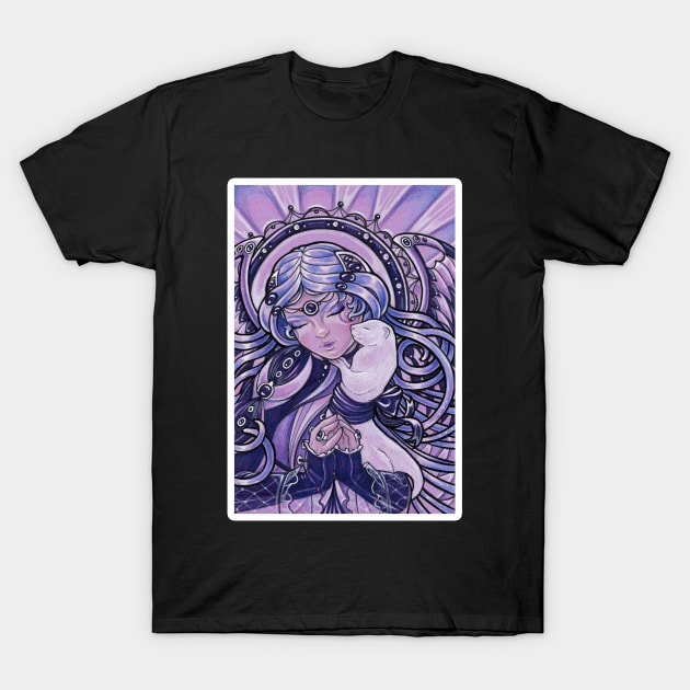 Ferret and Guardian Angel - White Outlined Version T-Shirt by Nat Ewert Art